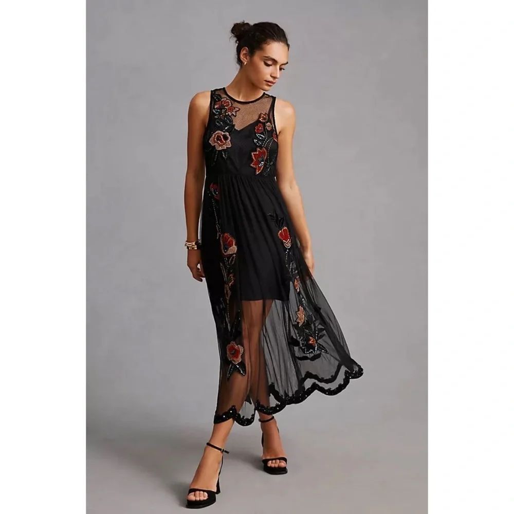 Anthropologie Not So Serious by Pallavi Mohan Midnight Garden Maxi Dress